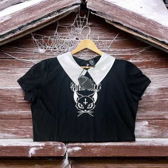 DOLLS KILL GRAVE GIRLS CAT PRINT CROP TOP 3X - Picture 1 of 6